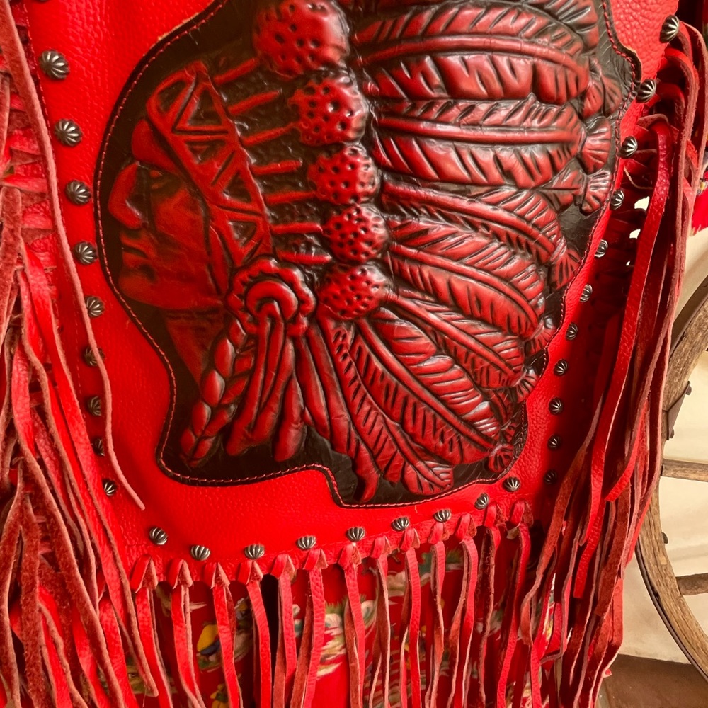 RAVIANI USA Western Red Tooled Leather American Indian Fringed Studded Bag NEW!! - Picture 10 of 14